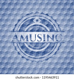 Amusing blue emblem with geometric background.