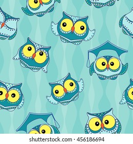 Amusing blue owls with big yellow eyes on the light blue wavy background, seamless vector pattern