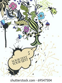 an amusing bouquet of hand drawn flowers and green bug on a dotted background with a   place for your text
