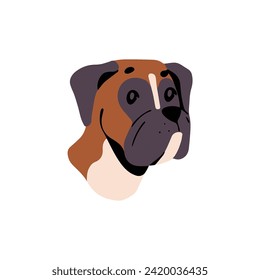 Amusing Boxer avatar. Cute bulldog muzzle. Adorable face of large breed dog. Funny mastiff puppy snout portrait. Domestic animal, canine pet. Flat isolated vector illustration on white background