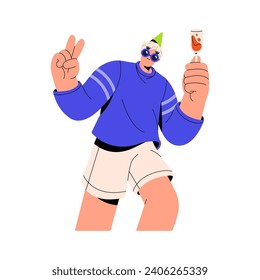 Amusing boy in party hat with peace, greeting gesture. Funny guy in sunglasses holds holiday champagne glass. Festive event, birthday celebration. Flat isolated vector illustration on white background