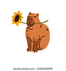 A divertida capibara segura o girassol na boca. Capivara bonita come flor. Engraçado roedor com planta de flor. Animal feliz com comida fresca, verde. Ilustração de vetor desenhada à mão isolada plana em branco