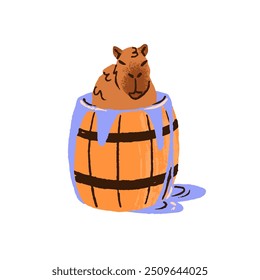 Amusing capibara sits in wooden barrel of water, relaxes. Cute capybara has a rest in wood tub. Adorable tired animal naps, sleeps. Flat isolated hand drawn vector illustration on white background