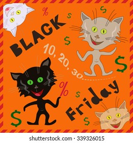 Amusing caricatured funny cats announcing a Black Friday, cartoon vector illustration with orange background