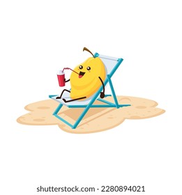 Amusing cartoon fresh quince character on oceanfront vacation. Isolated vector nutritious food having fun and relaxation at beach resort lying on daybed and drinking cocktail at beachfront destination