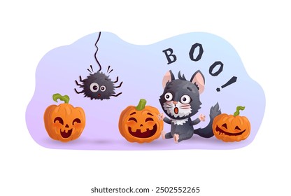 Amusing cartoon spider, black cat and laughing pumpkins. Vector illustration.