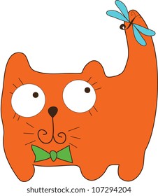amusing cat with a dragonfly on a tail