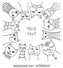 A lot of amusing cats around a centre. Black and white illustration. Hand drawn sketch. Striped cat, smiling cat, sleeping cat and cat with ribbon.