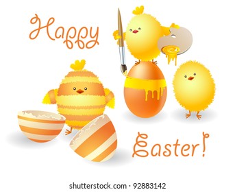 Amusing chickens on white background.