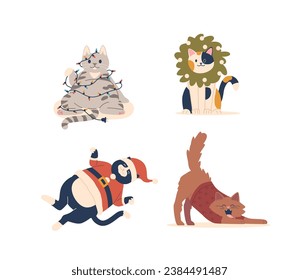 Amusing Christmas Cats Cartoon Characters Wear Santa Hats, Tangled In Garland, Chasing Twinkling Ornaments