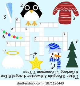 Amusing Christmas crossword for kids stock vector illustration. Funny cartoon puzzle with penguin, snowman and more and answer. Christmas colorful children word game for winter holidays. One of series