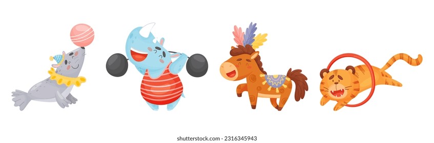 Amusing Circus Animal Performing Trick and Stunt Vector Illustration Set