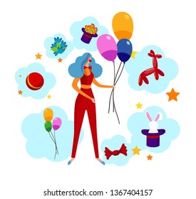 Amusing Clown Girl Wearing Costume, Neck Tie and Blue Curly Wig Holding Colorful Balloons inside of Various Items for Entertainment Show as Rabbit, Flowers, Top Hat. Cartoon Flat Vector Illustration.