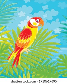 Amusing colorful parrot, long-tailed and with brightly colored plumage, perched on a green palm tree branch in a tropical jungle, wild scenery, vector cartoon illustration