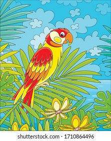 Amusing colorful parrot, long-tailed and with brightly colored plumage, perched on a green palm tree branch in a tropical jungle, wild scenery, vector cartoon illustration