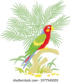 Amusing colorful parrot perched on a tree branch among green palm leaves in a tropical jungle, vector cartoon illustration isolated on a white background