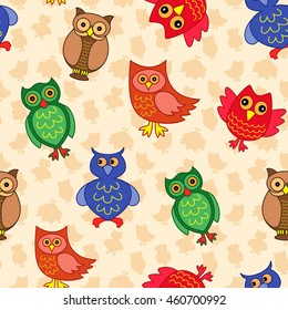 Amusing colourful owls on the background with many stylized simple owls, seamless vector pattern