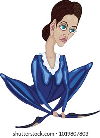 The amusing comical image of the girl of the ballerina with sad eyes in the blue fitting clothes sits on a floor with skreshchyonny legs