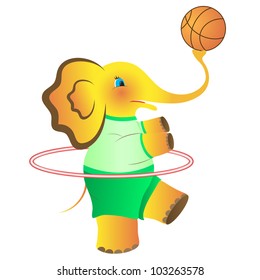 The amusing elephant with a thick stomach twists a hoop and plays a basketball ball. Vector. eps 8