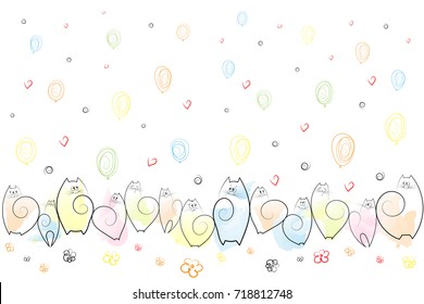 Amusing emotional cats on a festive background of balloons, flowers, hearts, spirals Drawing Sketch Background Vector
