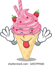 An amusing face strawberry ice cream cartoon design with tongue out