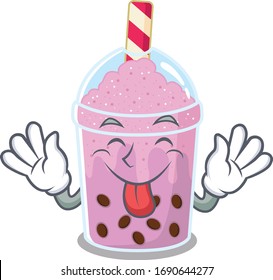 An amusing face taro bubble tea cartoon design with tongue out