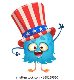 Amusing fluffy  blue cartoon monster wearing Uncle Sam hat. Design character for  Independence Day. Vector illustration for print or decoration