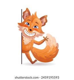 Amusing fox looks out from behind the wall and shows a welcoming gesture. Character design. Vector illustration.