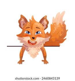 Amusing fox looks out from behind the wall. Character design. Vector illustration.