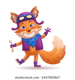 Amusing fox shows a welcoming gesture. Cartoon fox as a biker, racer, mechanic. Character design. Vector illustration.