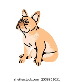 Divertido Bulldog francés con sits de color cervatillo o crema. Lindo cachorro tiene un descanso. El pequeño perro divertido se relaja. Mascota feliz, animal doméstico con hocico interesado. Ilustración vectorial aislada plana en blanco