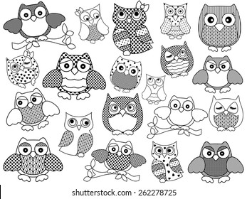 Amusing and funny twenty ornamental owls set, black vector contours isolated on white background