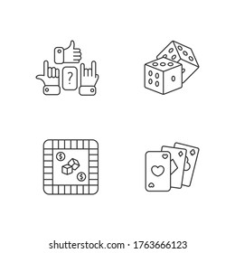 Amusing games pixel perfect linear icons set. Customizable thin line contour symbols. Charades, poker, property trading and dice games. Isolated vector outline illustrations. Editable stroke