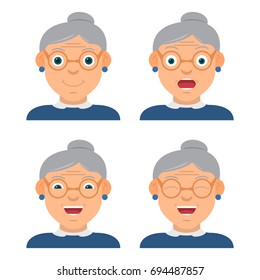 The amusing grandmother wearing spectacles the character with different emotions and a look. The smile, surprised, kind, cheerful woman.Face icons.In flat style vector.Cartoon character.