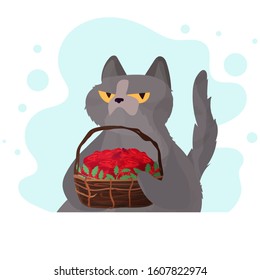 Amusing gray cat with a serious look. A chubby cat holds a basket with flowers in its paws. Good for designer cards or t-shirts. Vector illustration