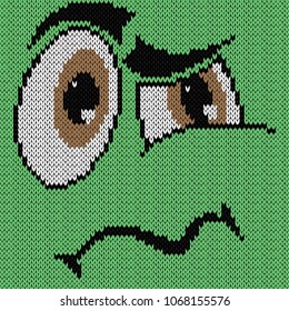 Amusing grimace over green background, knitted vector pattern as a fabric texture