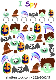 Amusing halloween activity I spy game stock vector illustration. Find and calculated all subjects group educational children I spy game. How many halloween objects can you find?