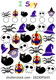 Amusing halloween I spy game for kids stock vector illustration. Find and count all spiders, pumpkins, black cats, witch hats, skulls and wizard. Funny educational game for halloween pastime.