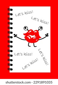 Amusing hand-draw red lips with hands and eyes and text ‘Let’s kiss!’ on white background. Minimalist cover for marketing technology, presentation, notebook, mobile device, brochure, booklet. Vector.