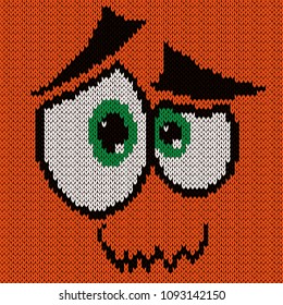 Amusing and happy grimace with one raised eyebrow on a bright orange background, knitting vector pattern as a fabric texture