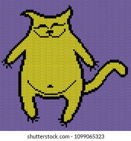 Amusing and happy yellow cat on the purple background, knitting vector pattern as a fabric texture