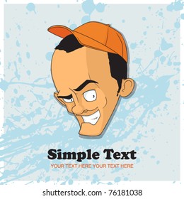 Amusing head of the guy in a cap. Vector illustration. Place for your text.