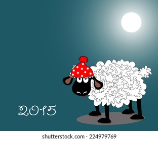 The amusing lamb in a red cap costs under the moon at night. Symbol of 2015