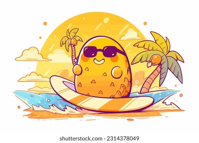 An amusing lemon figure sporting sunglasses and a surfboard