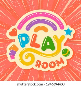 Amusing Lettering Play Room,kids Zone,children Colorful Cartoon Logo Adventure Park,icon Kid Pastime Amusement Park,sign Playground,symbol Childhood Rainbow,star,ball Bright Background.Vector Logotype