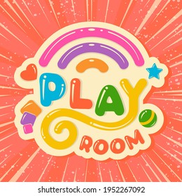 Amusing Lettering play room,kids zone,children colorful cartoon logo adventure park,icon kid pastime amusement park,sign playground,symbol childhood rainbow,star,ball bright background.Vector logotype