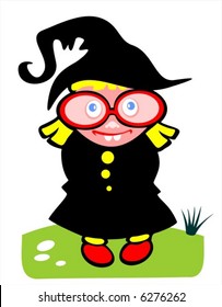 The amusing little girl in a suit of a witch on a white background. Halloween illustration.