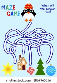 Amusing maze game with penguin stock vector illustration. Cartoon maze game colorful vertical page for printing and fun. Christmas time and winter holidays activity page for kids. Onr of a series