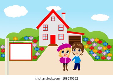 amusing merry pair on a background a new house,vector illustration