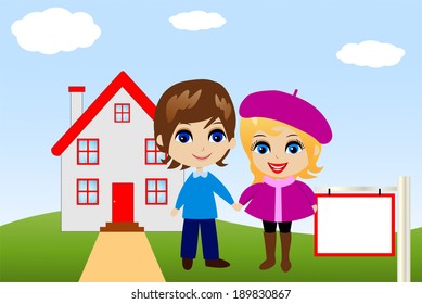 amusing merry pair on a background a new house,vector illustration